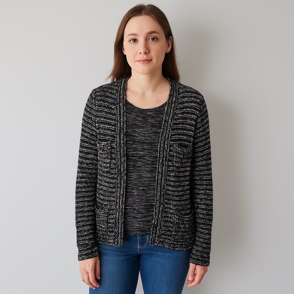 Ann Taylor Loft Cardigan Sweater Black White Stripe Small - Picture 1 of 12